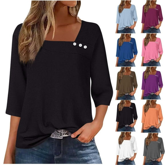 Simua Womens Summer Tops Asymmetrical Neck 3/4 Sleeve Button Dressy Casual Business T Shirts Blouse