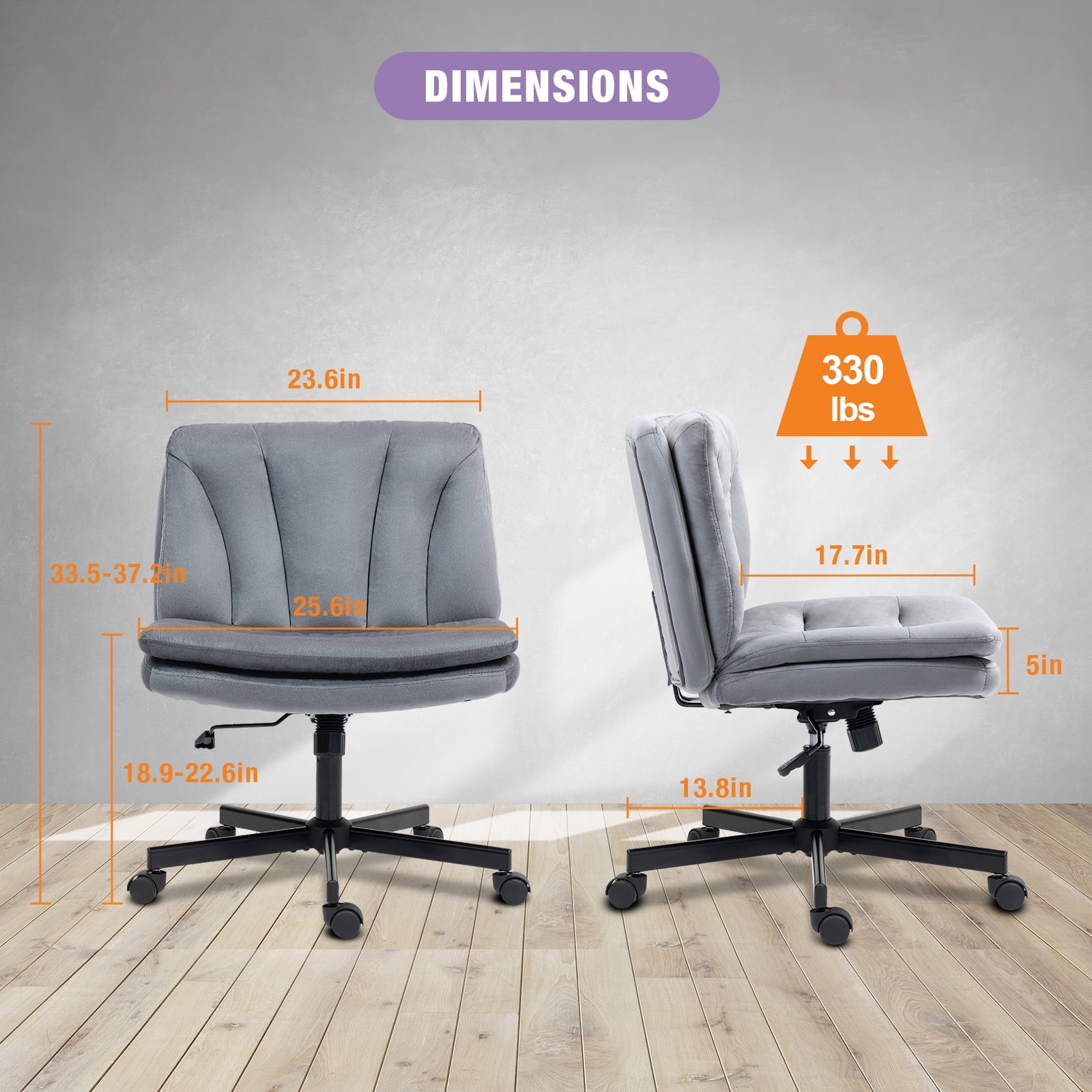 Criss Cross Legged Chair Ergonomic Home Office Desk Chair with Casters, Armless Wide Comfy Computer Task Seat Swivel Rolling Vanity Chair with Height Adjustable and Rocking Function, Gray
