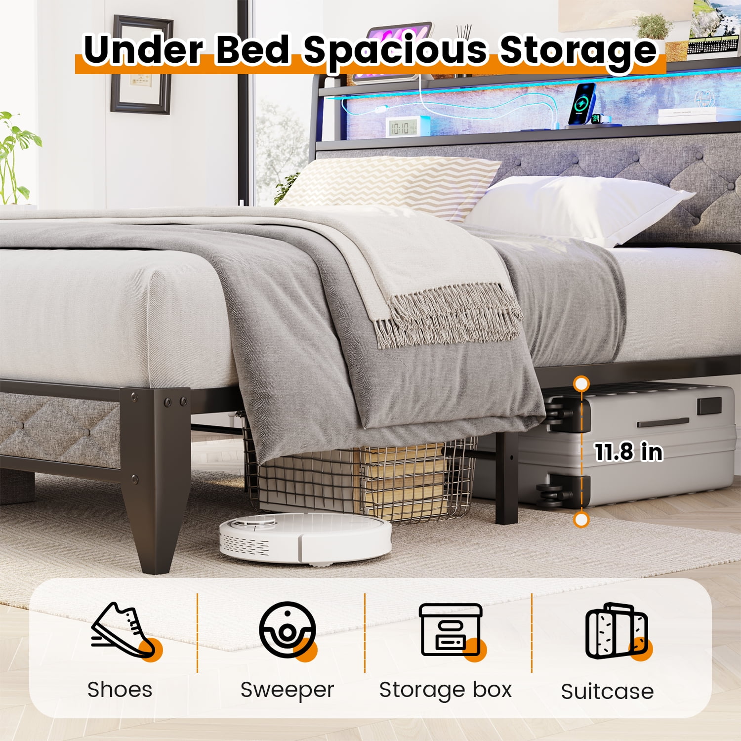Winkalon Full Size Upholstered Platform Bed Frame with Charging Station & LED Lights,Light Gray