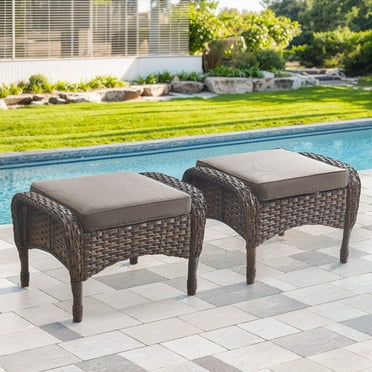 Gymojoy 2 Piece Outdoor Patio Ottomans, Al Weather Wicker Footstool Footrest For Backyard, Porch Balcony，Gray