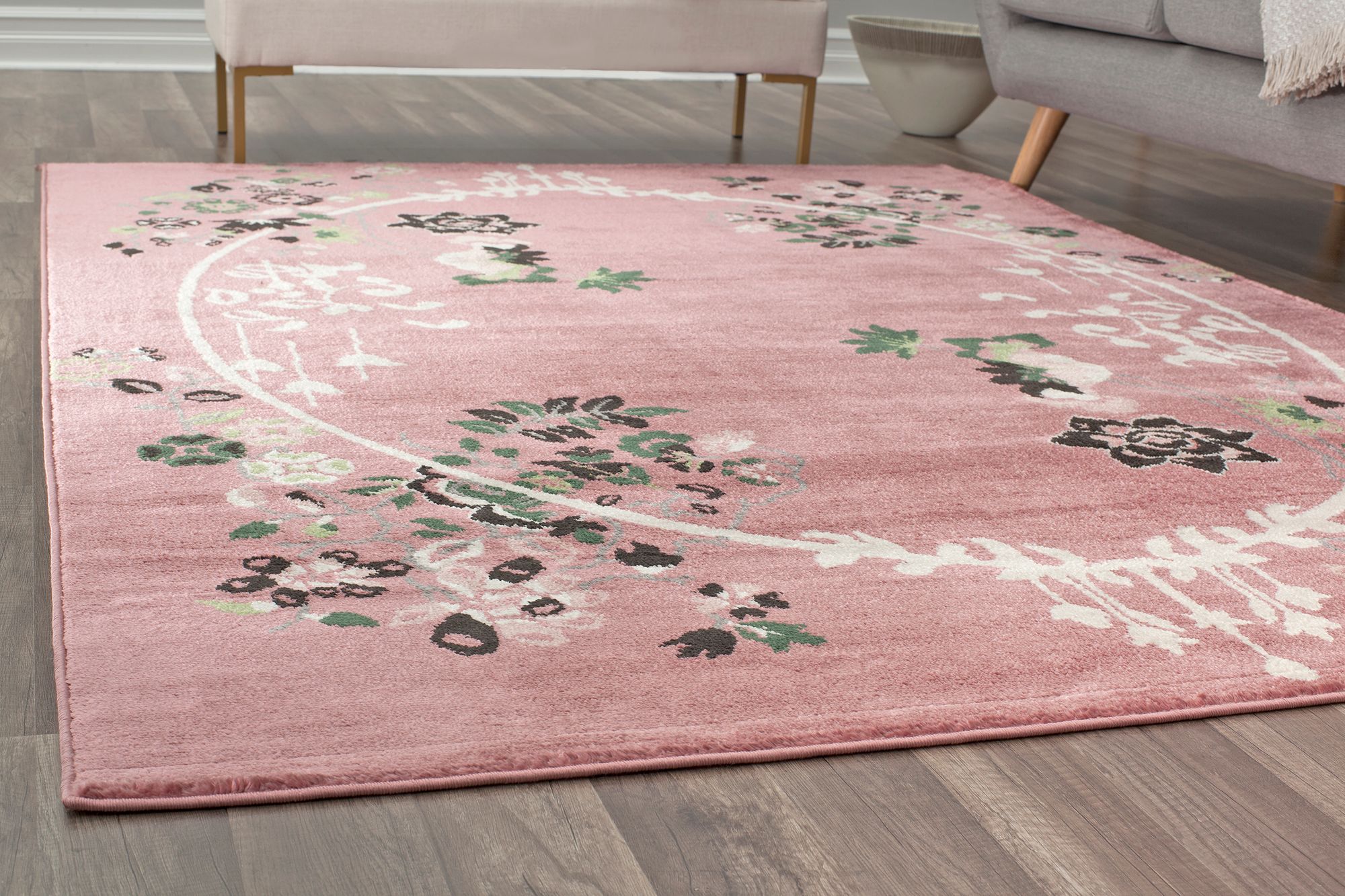 Rugs America Hanna VA20C Pink Magnolia Floral Transitional Pink Area Rug, 5'x7'