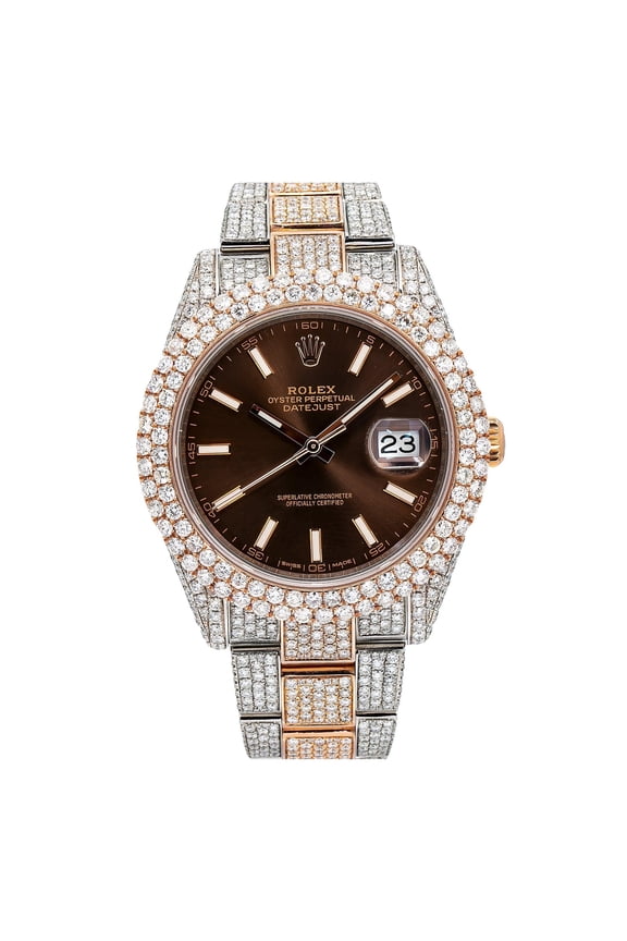 Pre-Owned Rolex Datejust 41MM 126331 Chocolate Dial Diamond Bezel Two Tone Rose Gold Full Diamond Jubilee Bracelet 21.25ct
