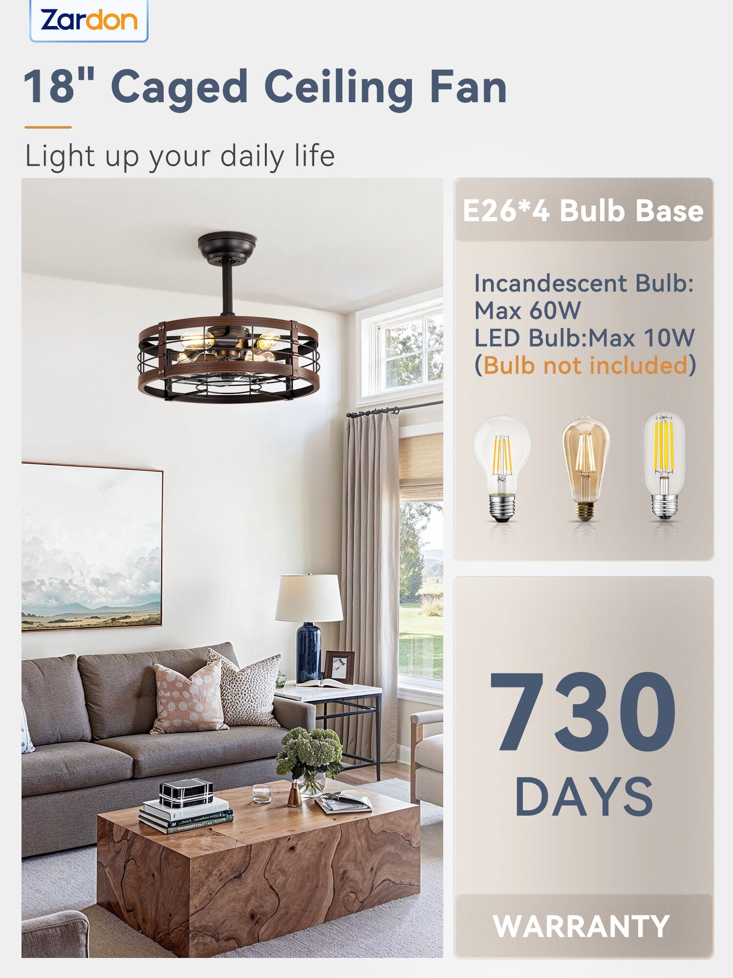 Zardon 18" Brown Antique Caged Indoor Ceiling Fan with Quiet DC Motor,  LED Lights, Remote Control, 6 Speeds