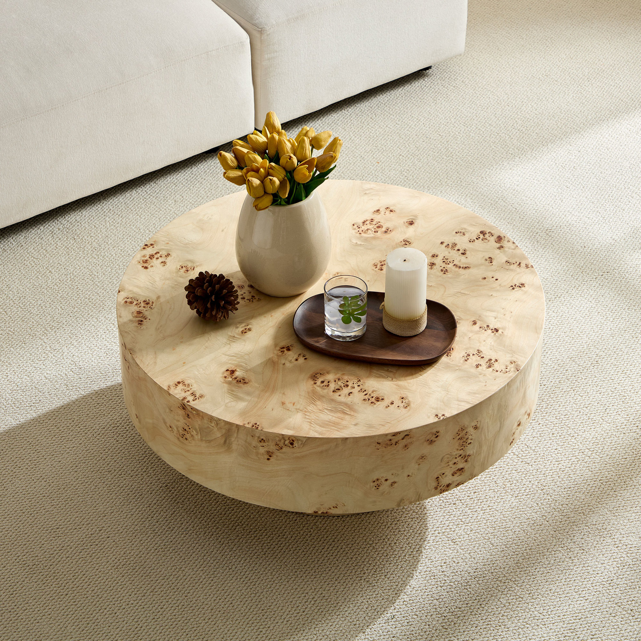 Noble House 31.49" Round Coffee Table, Burl Wood Veneer, Sturdy Drum Pedestal, Mid-Century Accent, Natural