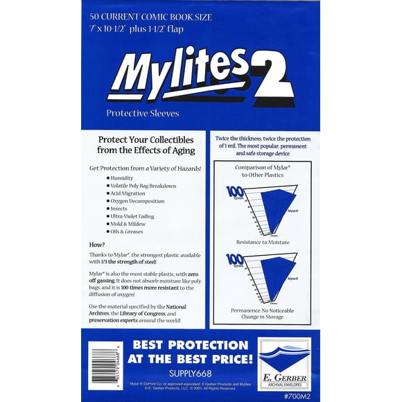 Mylites 2 Mil Comic Book Silver & Golden Age Size 7 3/4" x 10 1/2" Plus 1-1/2" Flap Pack of 50