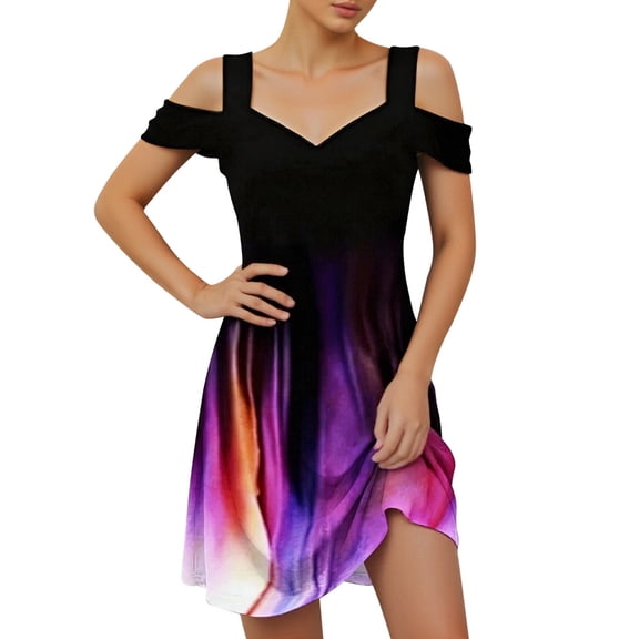 DHFJKG Summer Dresses For Women Casual Printed Mini Dress V Neck Off The Shoulder Short Sleeve Flowy A-Line Sundress Versatile Dresses