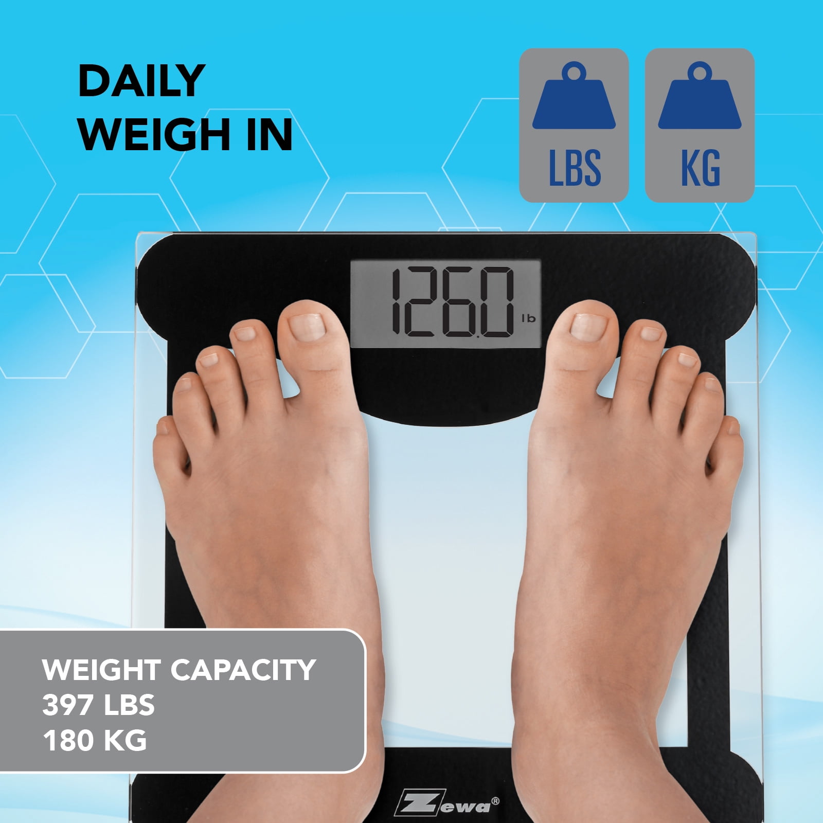Zewa Digital Bathroom Scale | Elegant Design | Tempered Glass | Measures Up to 330 lbs / 150 Kg | Low Profile | Metric & Standard Units | Easy to Use