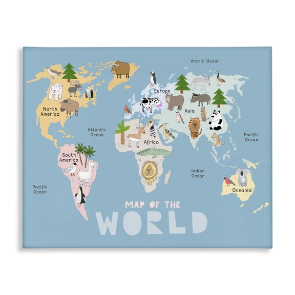 Kid's Map Of World Blue Canvas Wall Art, design by Carla Daly