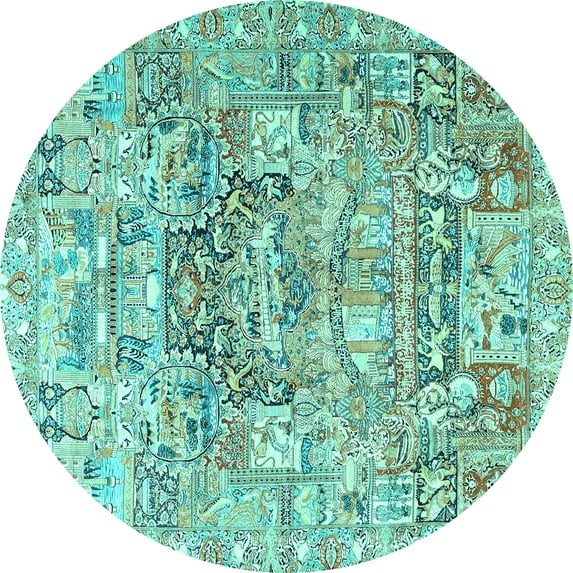 Ahgly Company Machine Washable Indoor Round Animal Turquoise Blue Traditional Area Rugs, 6' Round