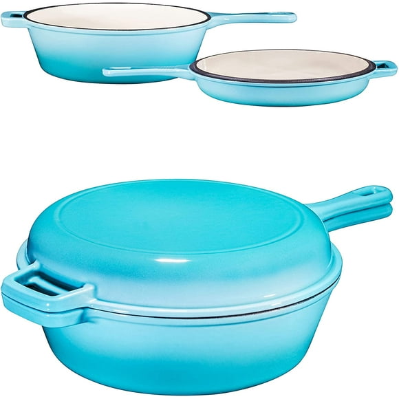 Ensemble 2-en-1 en Fonte Émaillée Bleue pour Autocuiseurs Multiples, Poêle et Couvercle Robustes