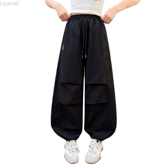 Liyamei Girls Lightweight Cargo Pants with Wide Leg and Draped Pleats for Casual Wear Size 5-16 Years
