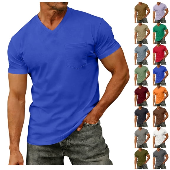 Mens V Neck T Shirts Solid Loose Basic Tee Tops with Pocket Soft Short Sleeve Casual T-Shirts,for Summer Beach and Daily Wear