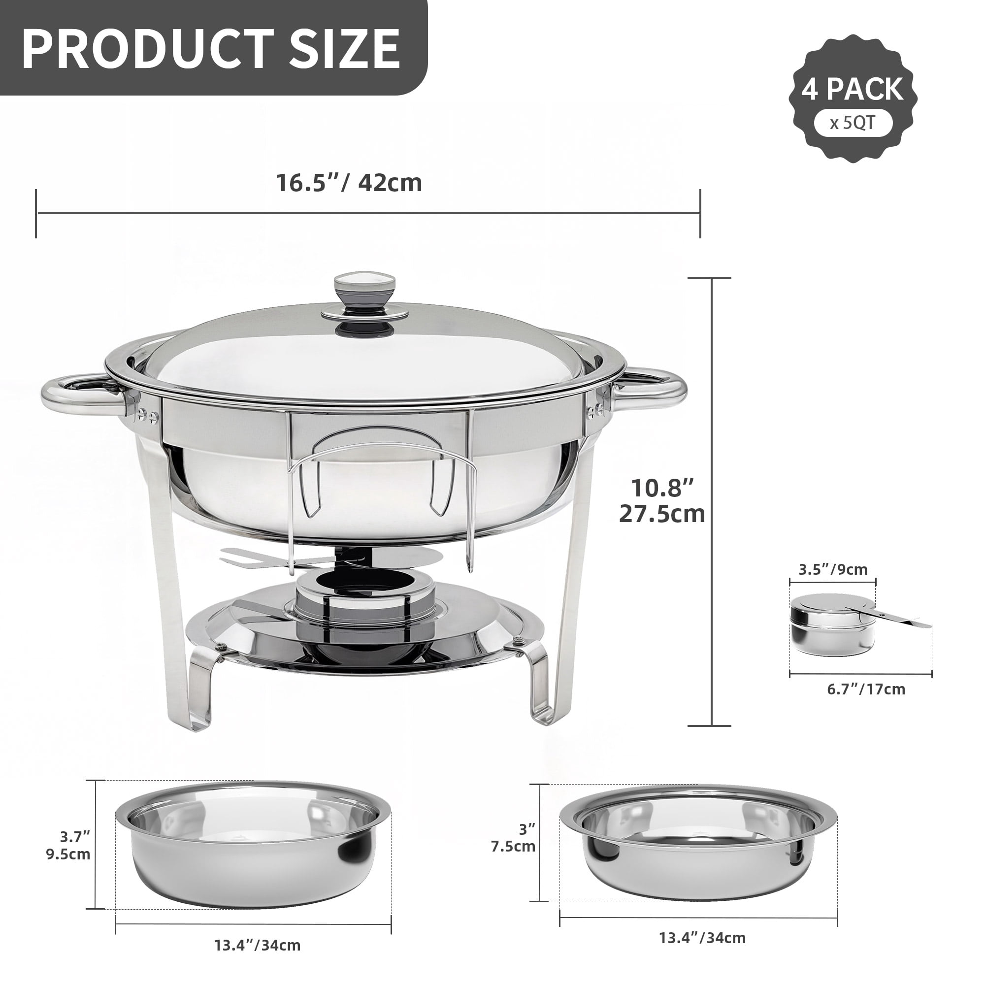 Uforic 5QT Chafing Dish Buffet Set, Round Stainless Steel Chafers and Buffet Warmers Sets with Food Pan, Fuel and Lid Holder, 1 pack