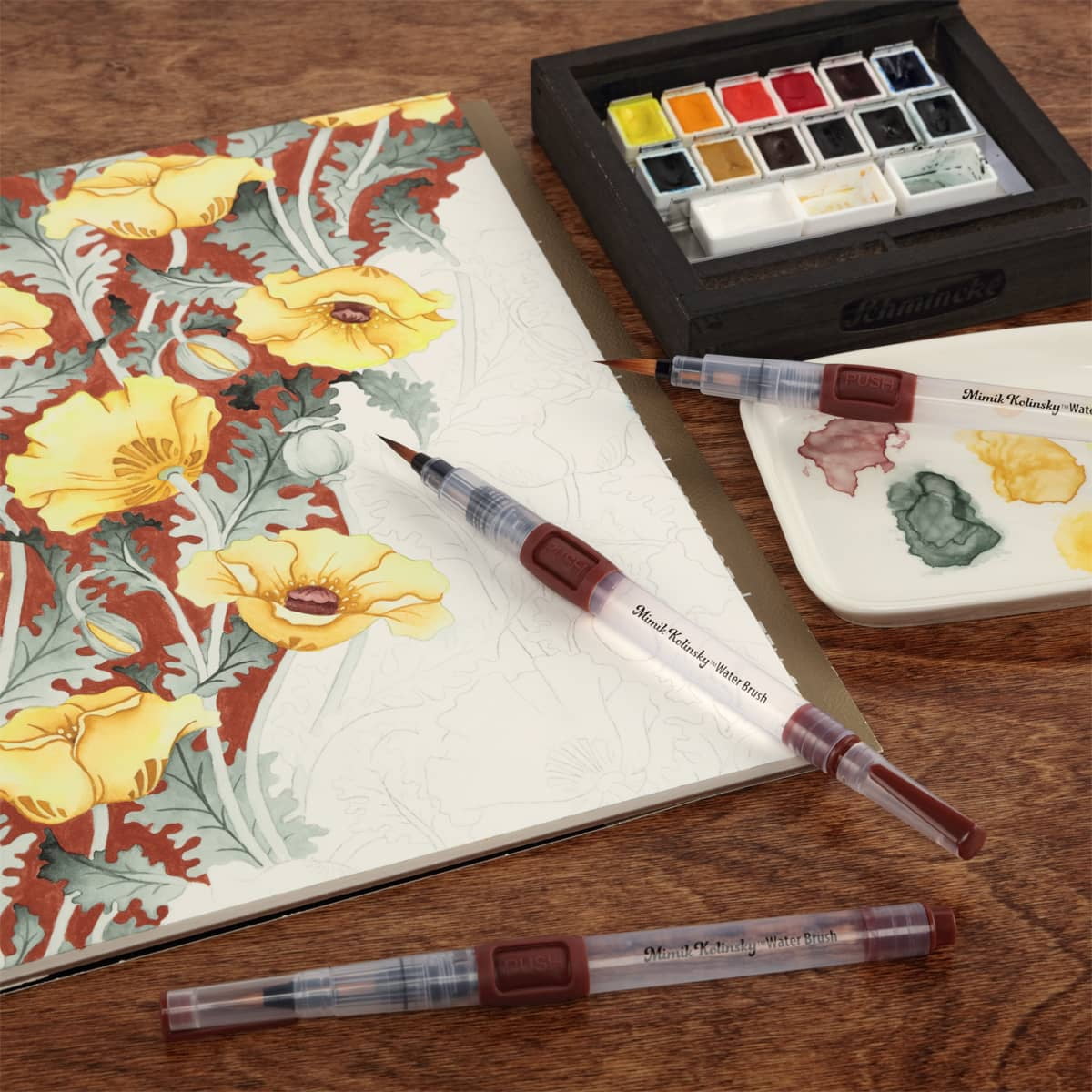 Mimik Kolinsky Synthetic Water Brush, Rounds 3 and 4mm - Handmade in Germany, Watercolor Brushes with Highly Absorbent Bristles, See-Through Water Reservoir, Perfect for Ink & Watercolor On-the-Go