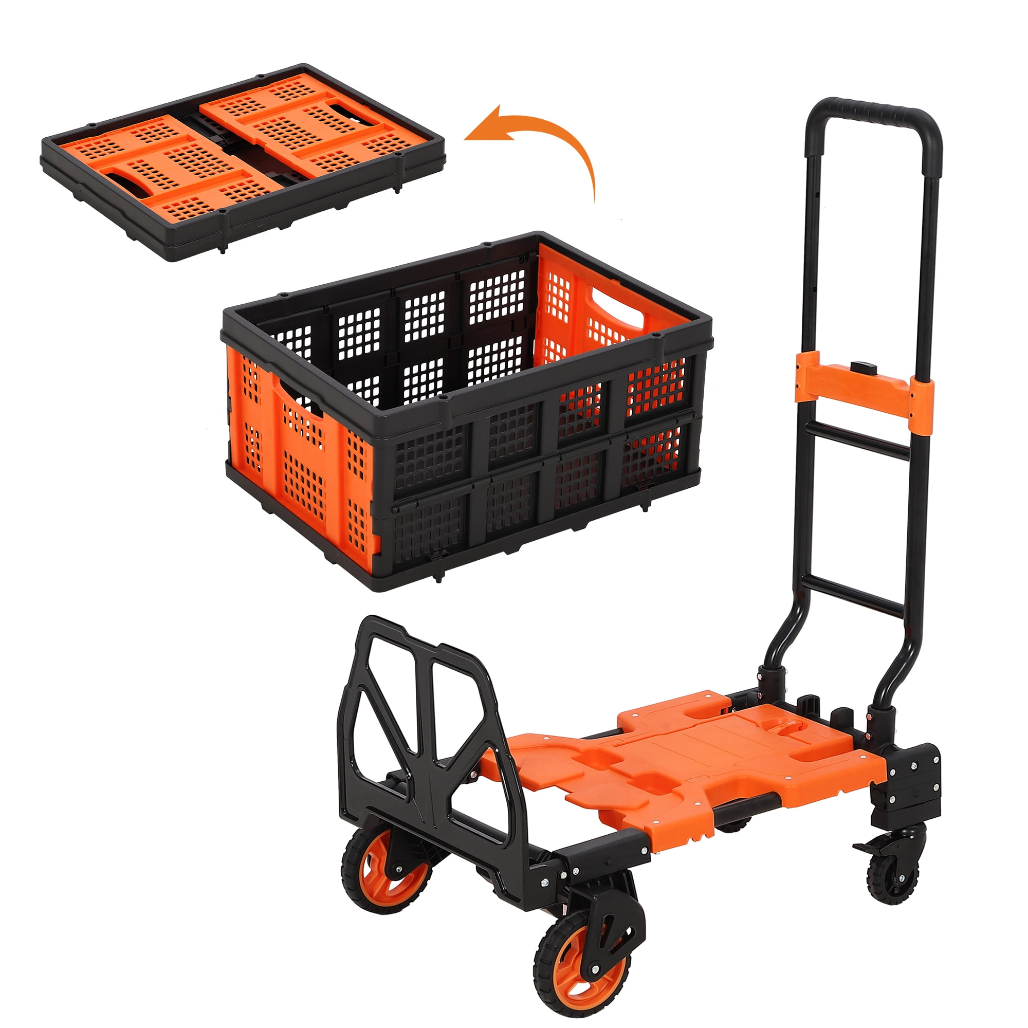 2-in-1 Folding Hand Truck, Convertible Utility Dolly Cart with Collapsible Basket & Bungee Cord