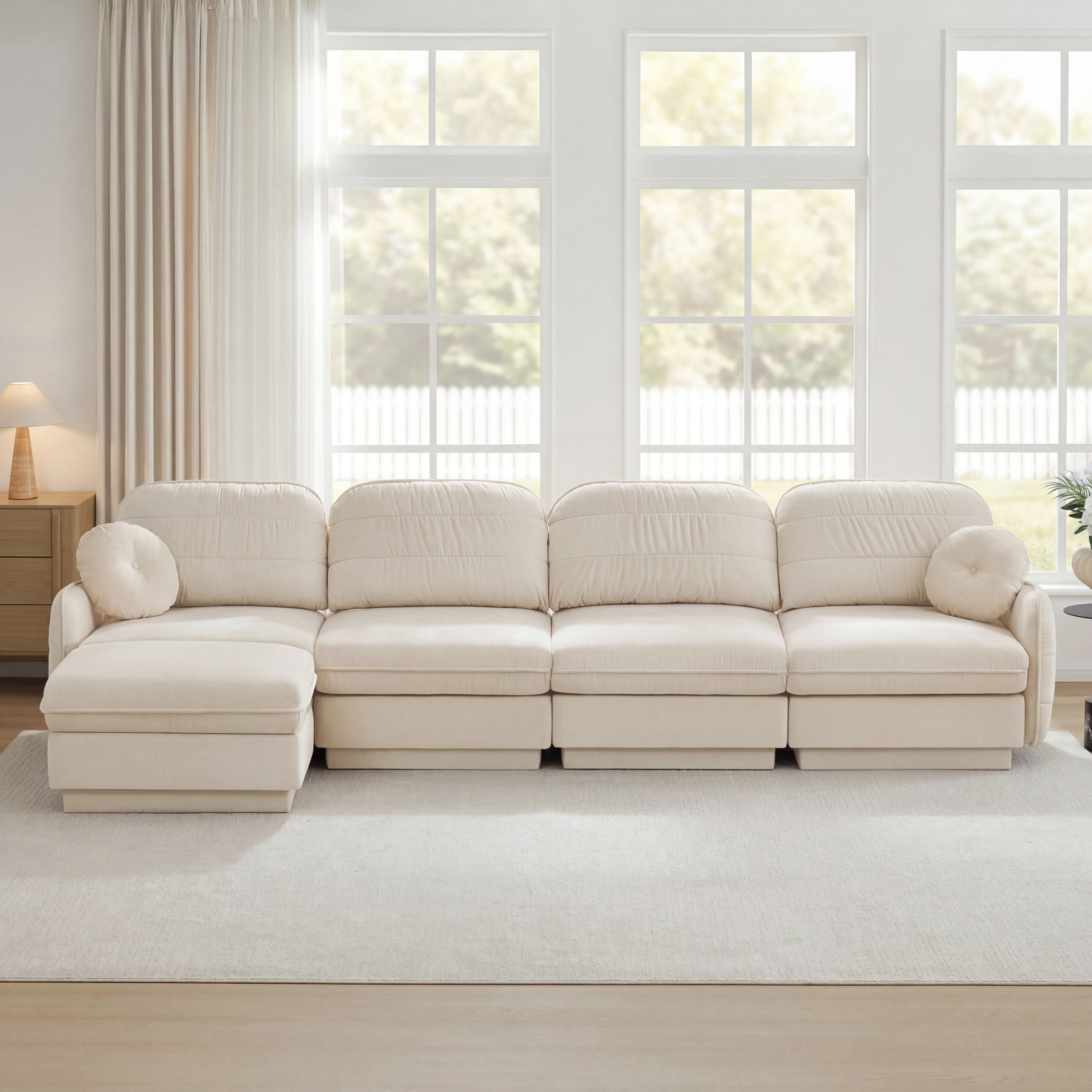 Mintazer 137" Chenille Cloud 4-Seater Modular Sectional Sofa with Movable Ottoman & Round Pillows, L-Shaped Ergonomic Sofa Couch for Living Room, Apartment, Cream