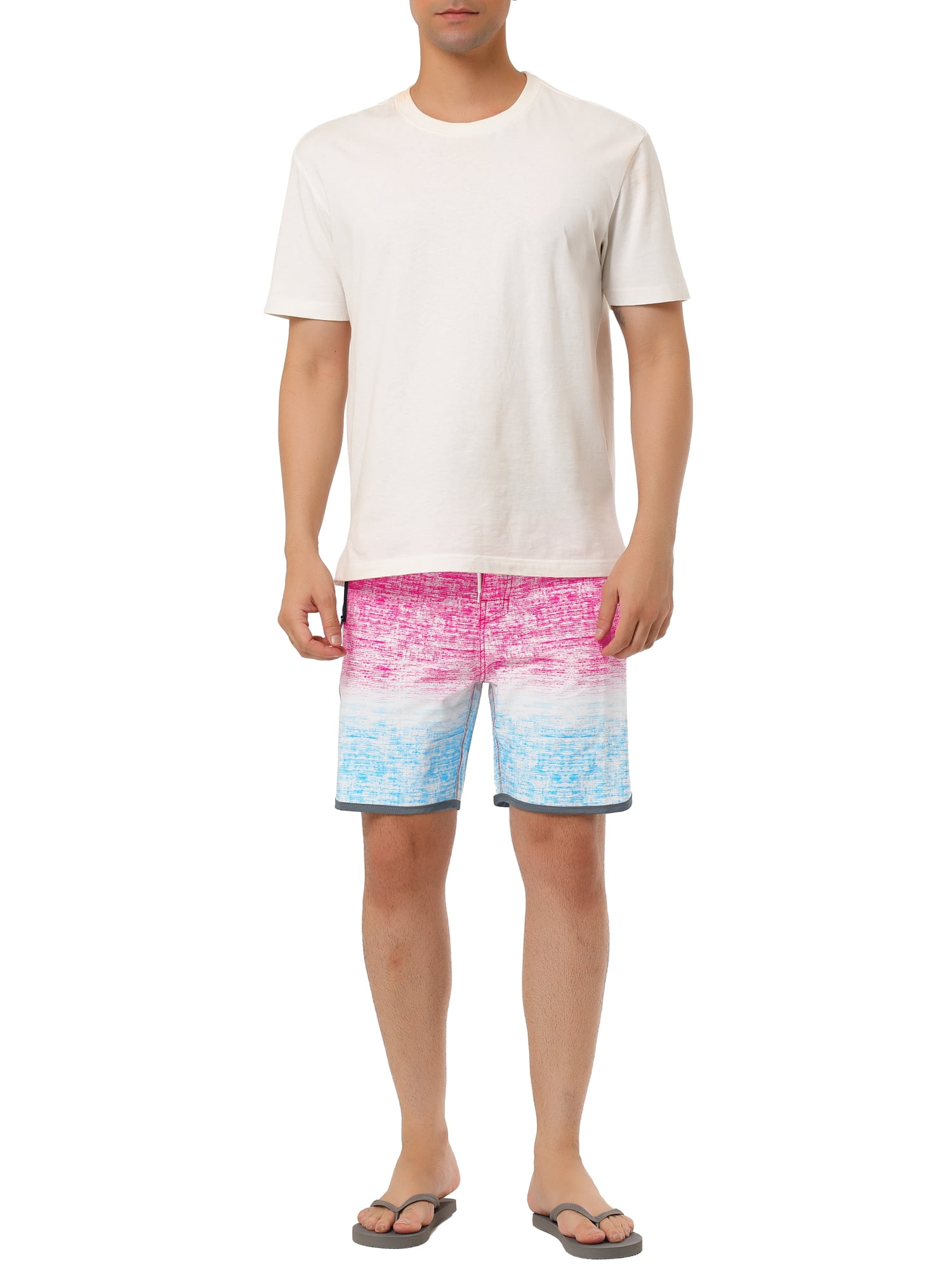 Unique Bargains Men's Summer Printed Drawstring Color Block Swim Beach Shorts 32 Pink Blue