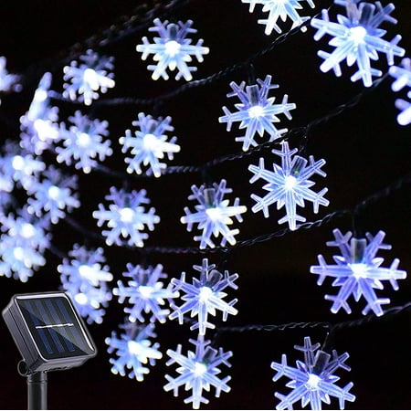 Solar Christmas Snowflake Lights, 23FT 50 LED 8 Modes Cool White Fairy String Lights for Outdoor Garden Holiday Party Patio Yard Christmas Decorations