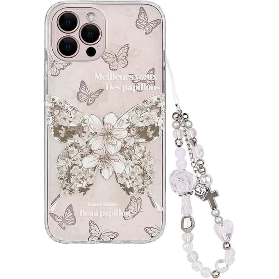 Compatible with iPhone 13 Pro Max Case Cute Butterfly Floral Rose Pattern Pink Flower Stylish Aesthetic Design for Women Girls Soft TPU Bumper Protective Phone Case Chain