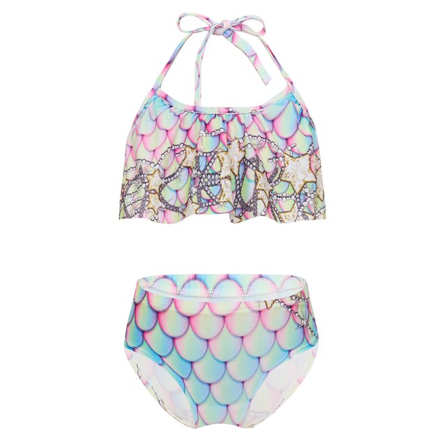 TiaoBug Girls 2 Pcs Mermaid Bikini Sets Shiny Halter Ruffles Crop Top with Triangle Brief Bathing Suit Tankini Pink Blue A 110