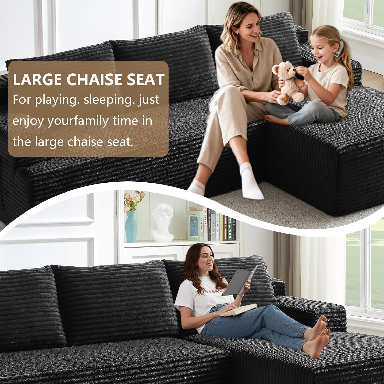 96" Boneless Cloud Couch with Chaise, Modular Sectional Sofa for Living Room, No Assembly Required, Deep Seat Corduroy Couch, Black