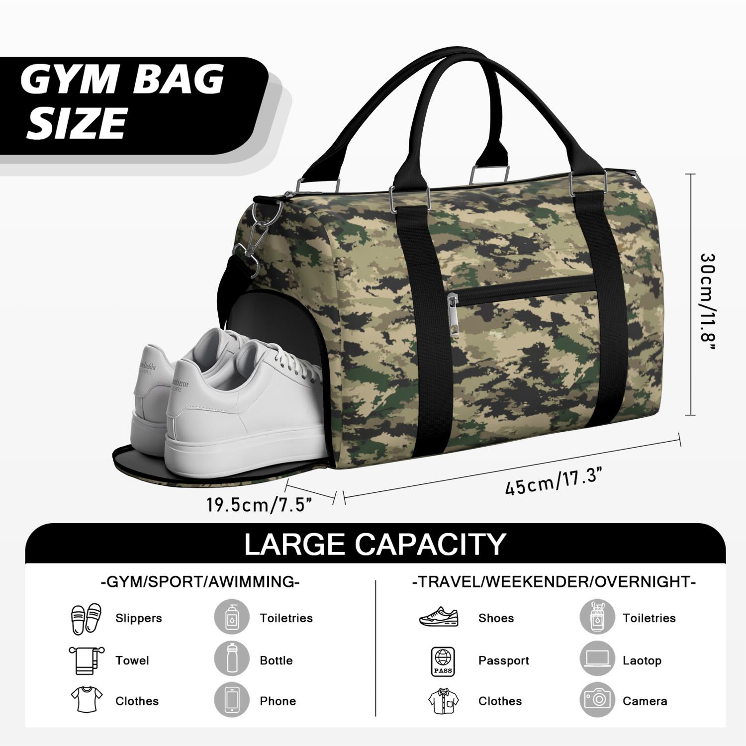 Green Camo Mens Gym Tote Duffle Bag with Wet Pocket & Shoe Compartment, Travel Duffel Bag Overnight Weekender Hospital Tote Girls Workout Carry on Bag with Luggage Sleeve