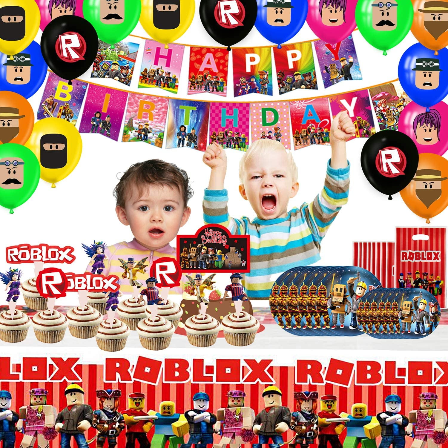 105 Pcs Roblox Birthday Party Supplies Robot Blocks Party Decorations Banners Cake Topper Plates Forks Gift Bags Cupcake Toppers Tablecover Napkins And Balloons Walmart Com Walmart Com - roblox gift bag ideas