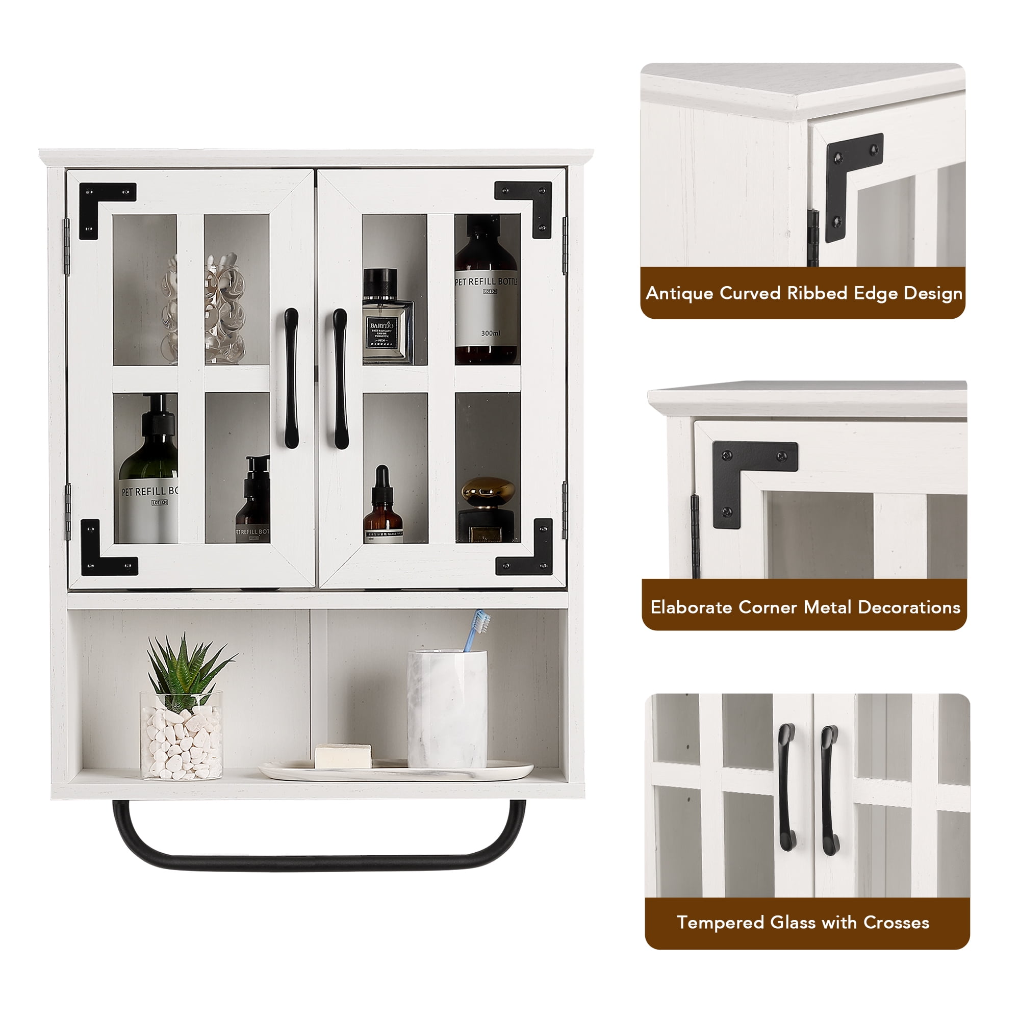 Buy Rustown Wood Wall Storage with Cross Glass Doors, Farmhouse