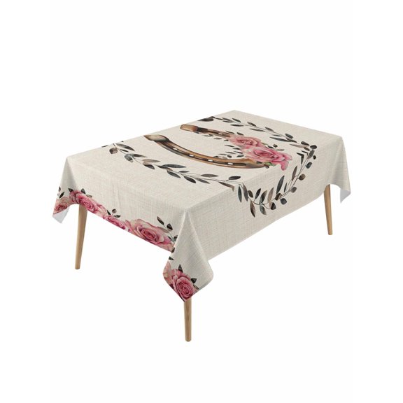 Pink Roses Table Cloth, Waterproof Tablecloth for Rectangle Tables, Spring Horseshoes Floral Leaves Rustic Reusable Washable Fabric Table Cover for Restaurant Kitchen Dining Tables 54"x108"