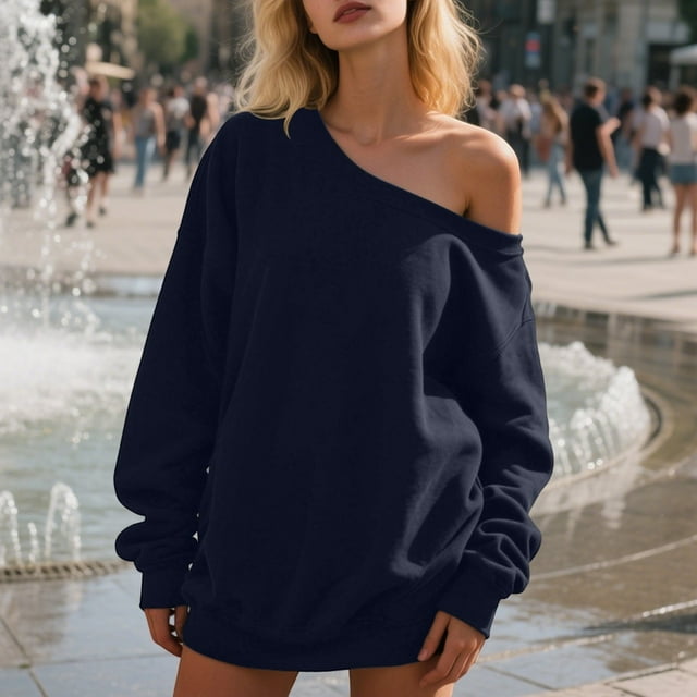 Women's Off Shoulder Sweatshirt Casual Long Sleeve Pullover Tops for Daily Wear Comfortable Soft Stretchy Pure Color Loose Fit Spring Fall Winter Fashion Hoodies plus Size Baggy Shirt Apparel