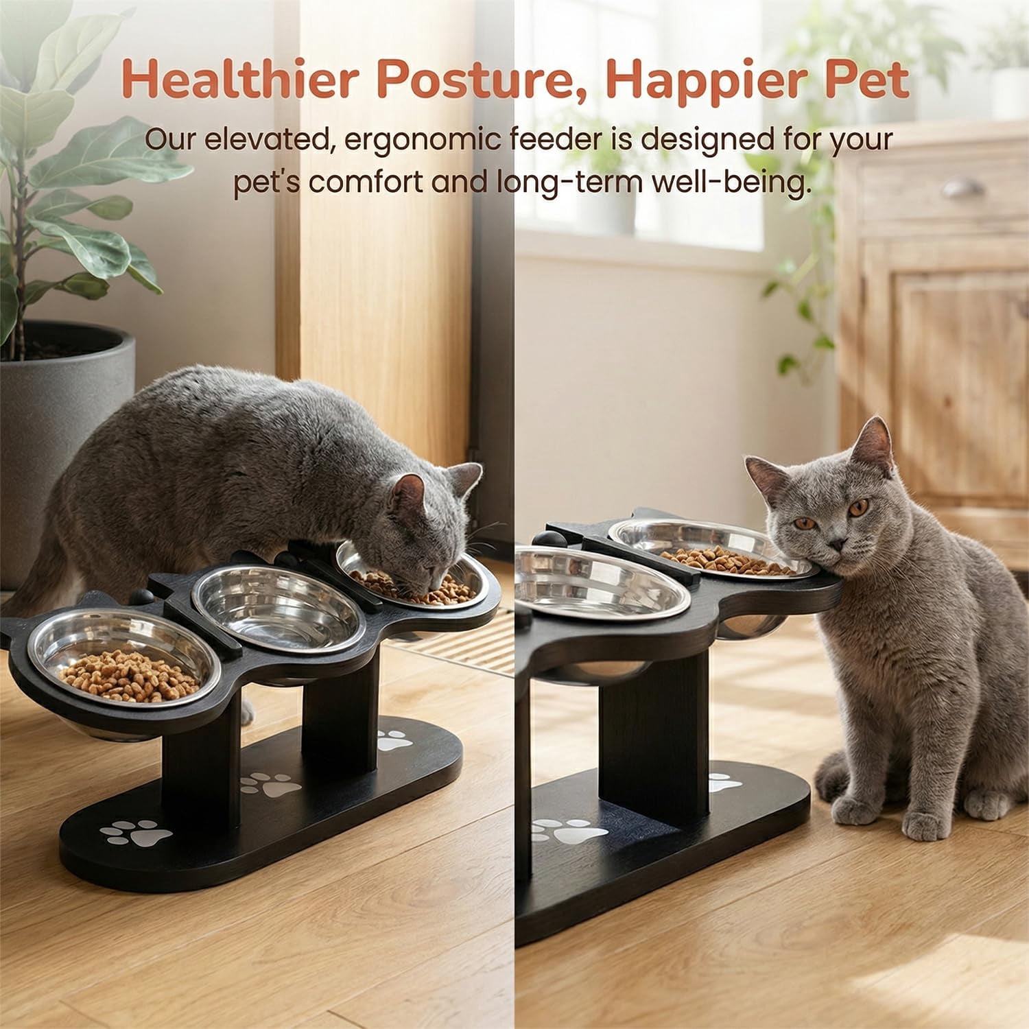 2026 Upgraded Anti-Slip Elevated 3-Bowl Pet Feeder, Cat Feeding Station with 3 Stainless Steel Bowls, 15° Tilted Adjustable Height Raised Pet Food Bowls with Stand for Dogs and Cats