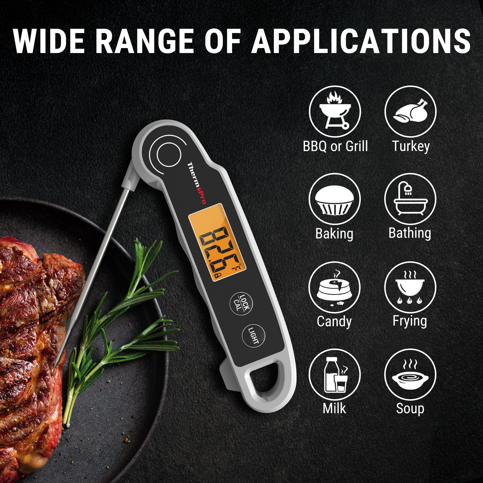 ThermoPro TP623W Digital Meat Thermometer Waterproof, Rotating LCD Display, Calibration Mode, Instant Read Food Thermometer for Cooking, Grilling