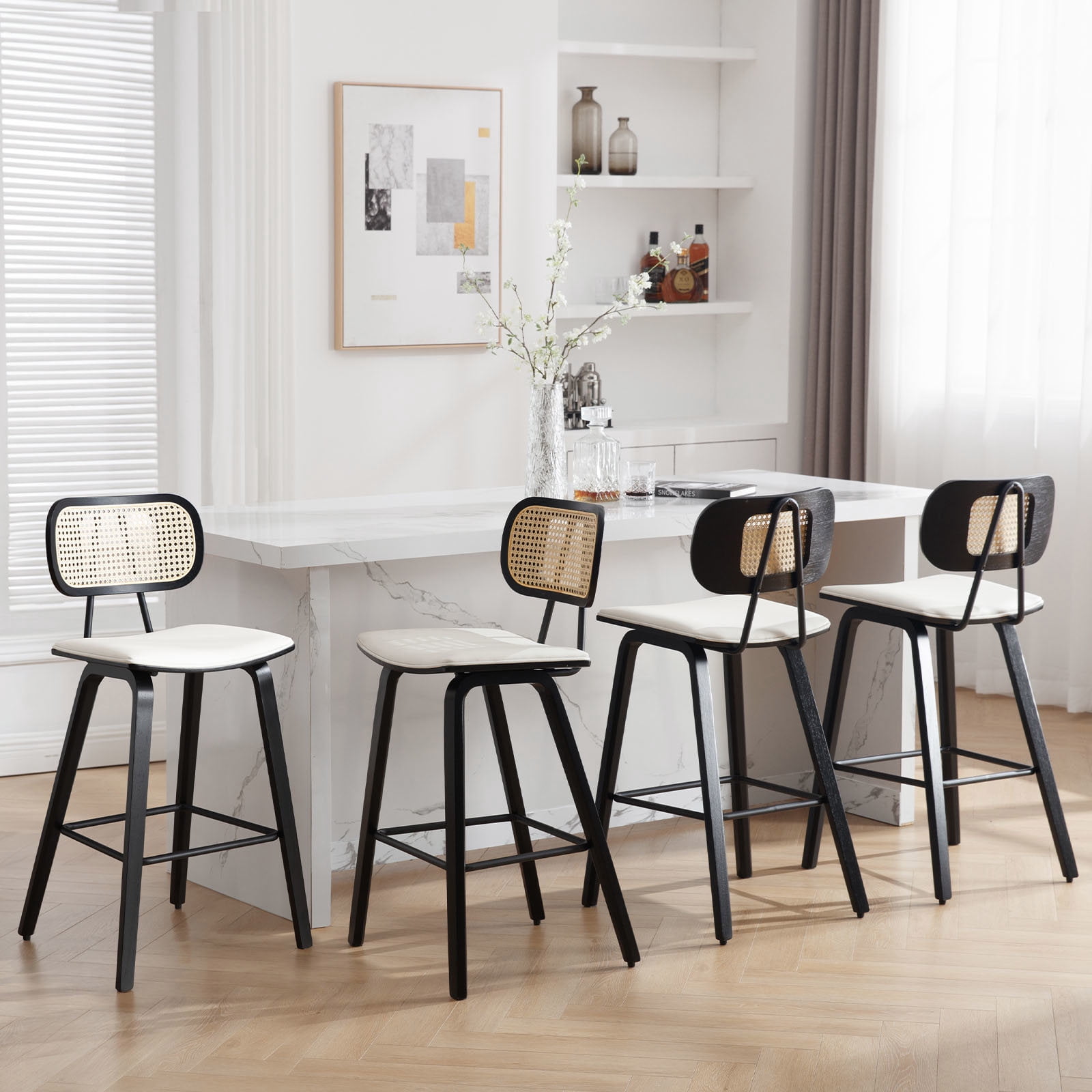 WOOW DEPOT PU Bar Stools 26" Counter Height w/ Rattan Back Set of 1, Modern Black Bent Wood Bartool Leather Upholstered Chair for Kitchen Pub Island Dining Room