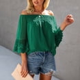 thumbnail image 6 of Women Off Shoulder Top 3/4 Bell Sleeves Loose Fit Elastic Neckline Lining Inside Summer Blouse Blackish Green S, 6 of 8