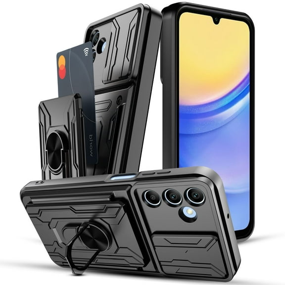 Elegant Choise Case for Samsung Galaxy A55/A25/A15 5G 6.5inch Card Slot Wallet Case Finger Ring Holder Phone Cover, Black