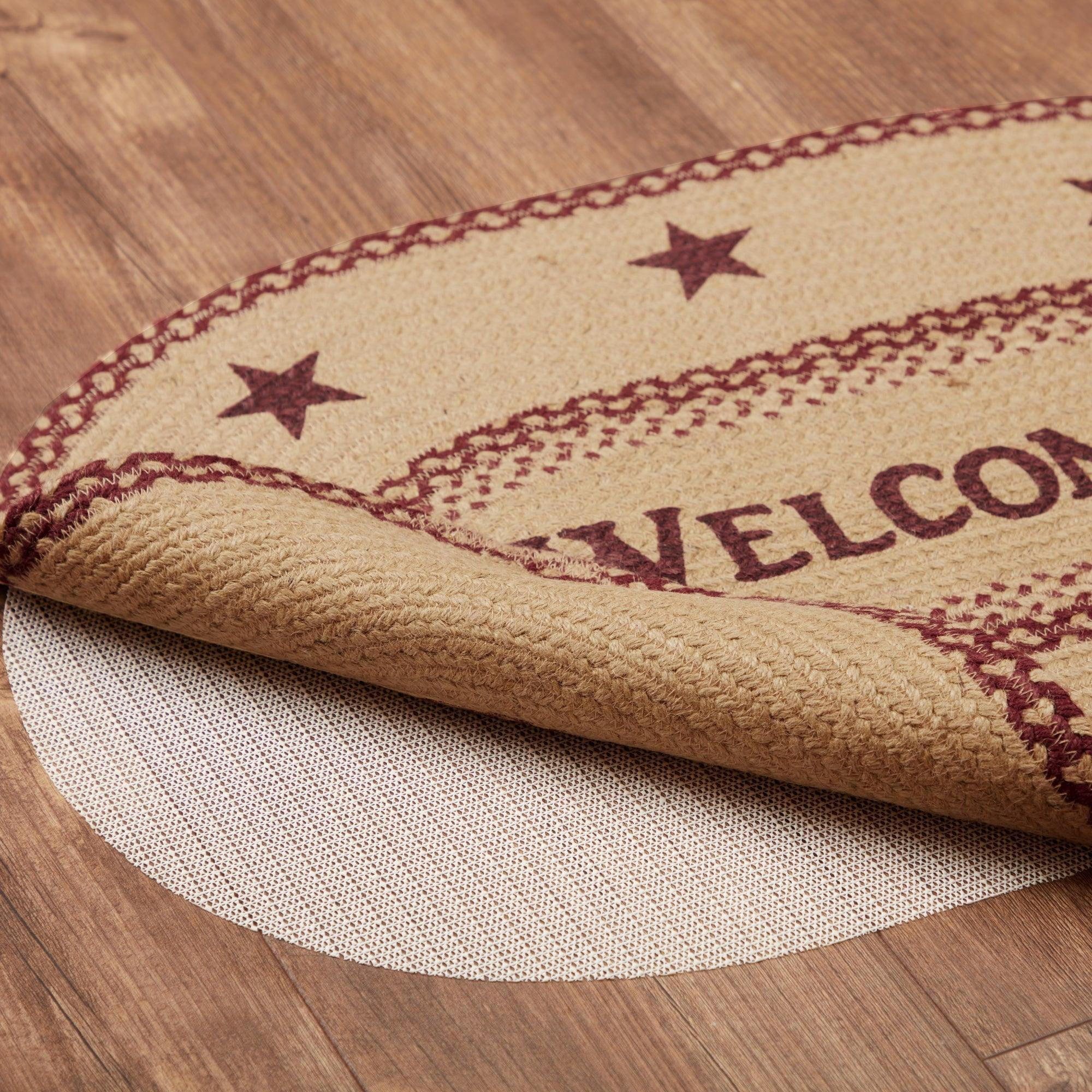 VHC Brands Burgundy Tan Jute Primitive 30"x20" Welcome Accent Rug Red Stenciled Text Oval Floor Decor