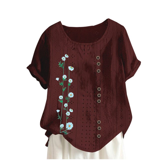 Birdeem Blouses pour Femmes Mode Imprimée Confortable Ample Manches Courtes Blouse Boutonnée Col Rond Décontracté