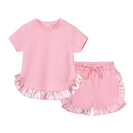 Tfken Outfit For Girls Kids Toddler Baby Spring Summer Solid Cotton Short Sleeve Tshirt Ruffle Shorts Clothes Pink Girl Outfit Set Size 4-5 Years
