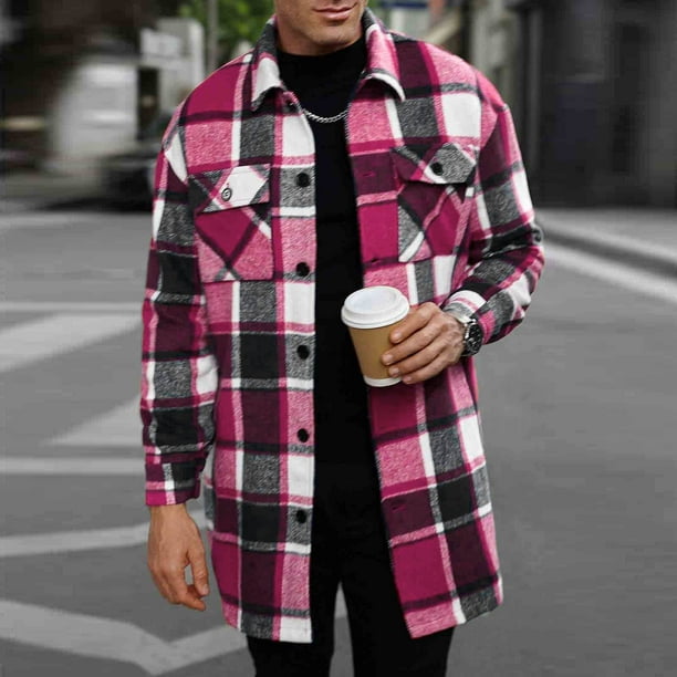 Blusa y camisa de manga larga con cuello vuelto para hombre, blusa holgada informal a cuadros a la moda con botones y cuello vuelto, blusa de poliéster para hombre