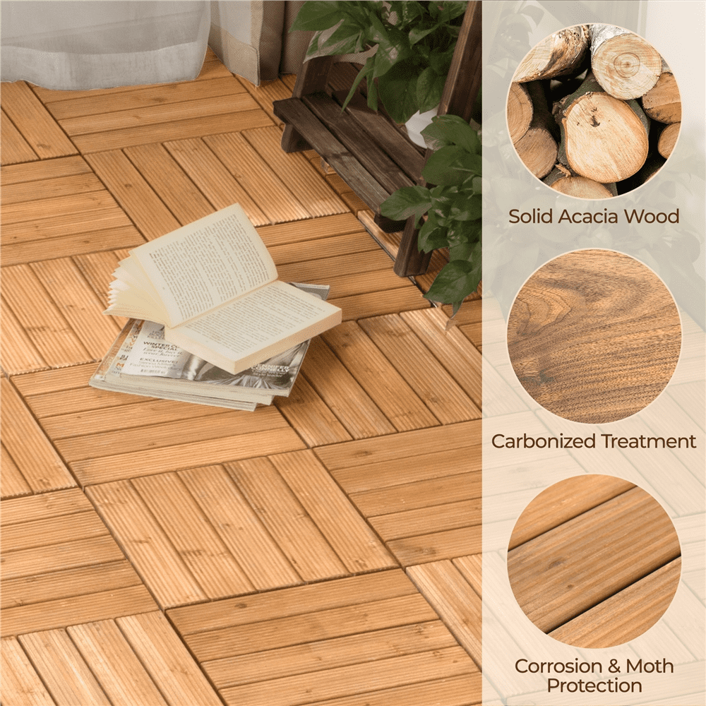 Renwick 12" x 12" Square Wooden Floor Tiles, 27 Pieces, Natural Wood