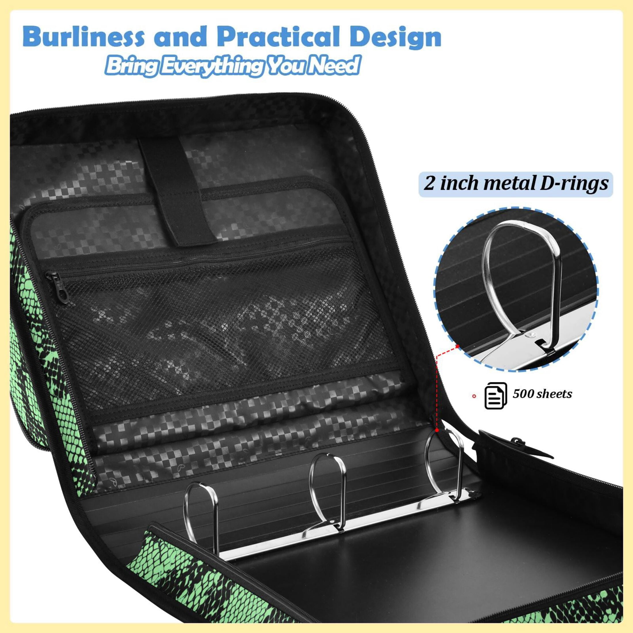 ALAZA Zipper Binder Snake Pattern-1 Pattern 2 inch 3 Ring 500 Sheet Capacity Trapper Keeper File Folder Organizer Bag