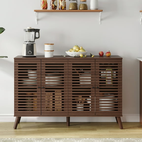 Mid-Century Buffet Sideboard with 4 Slatted Doors, 47" W Buffet Cabinet with Shelves, Accent Storage Cabinets Cupboard Console for Dining Room, Kitchen, Walnut