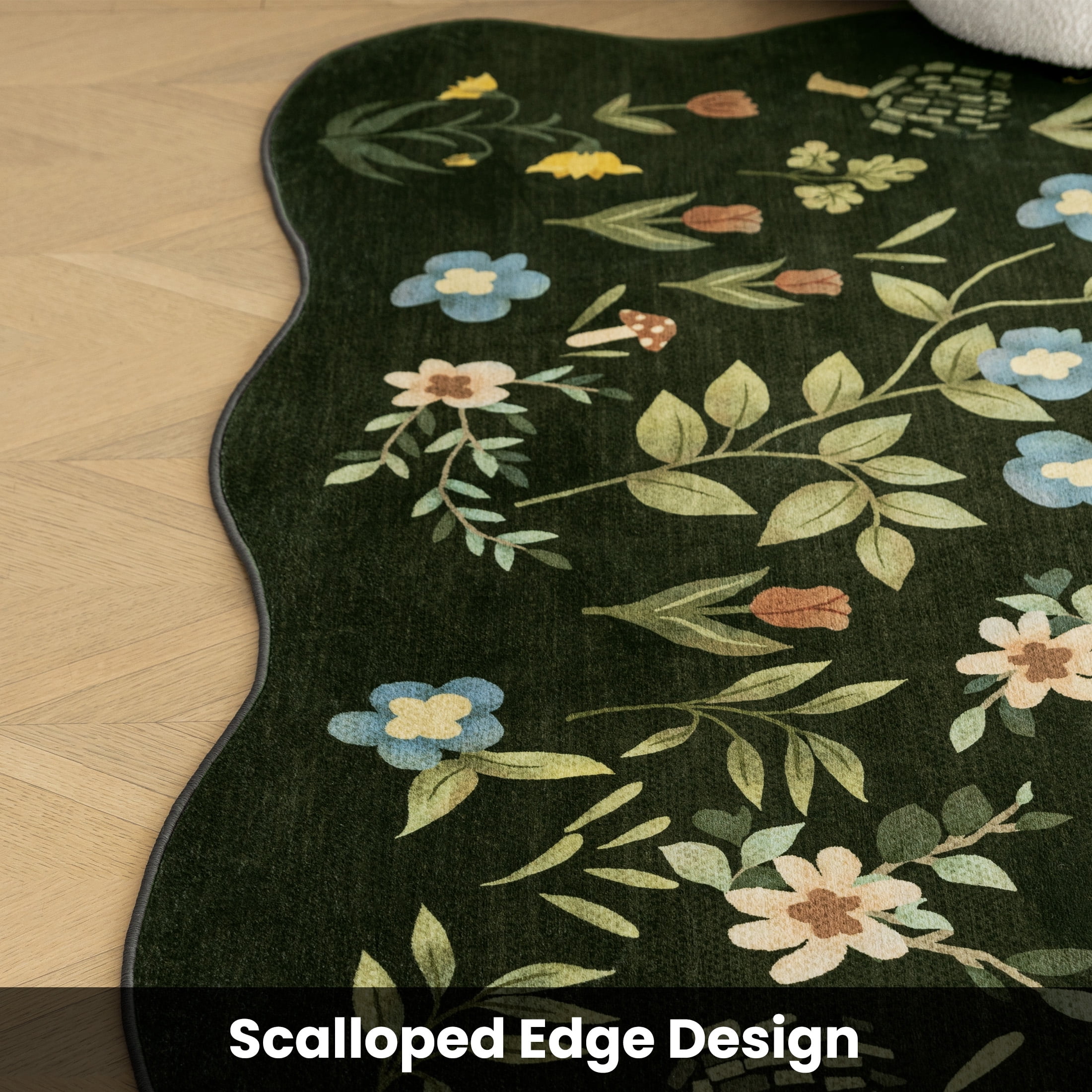 Sleep Zone 5x8 Washable Non Slip Area Rug Forest Creatures, Wave edge Scalloped Water Resistant Rug for Bedroom Living room