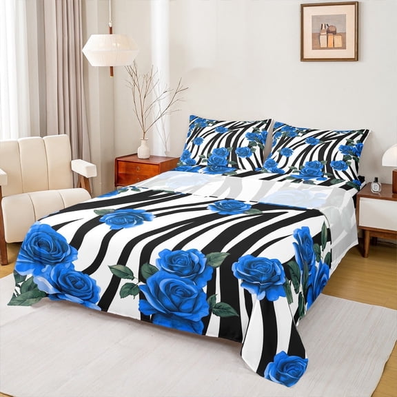 Manfei Romantic Floral Bed Sheets Set Full Size, Black White Stripes Bedding Full Size, Valentines Day Full Sheet Sets, Microfiber Bedroom Decorative, 4pcs
