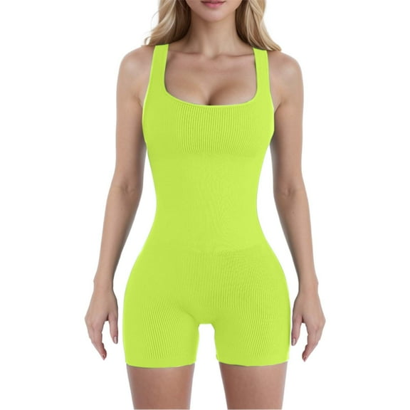 Women's Seamless Compression Yoga Bodysuit and Workout Set with Removable Padded Bra and Threaded Spandex Shorts for Fitness Training