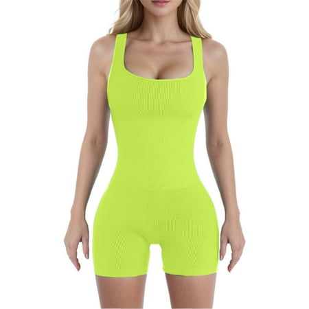 Yoga Sets Women Seamless Yoga Bodysuit With Removable Padded Bra Threaded Spandex Shorts Yoga Outfits Women Green XL