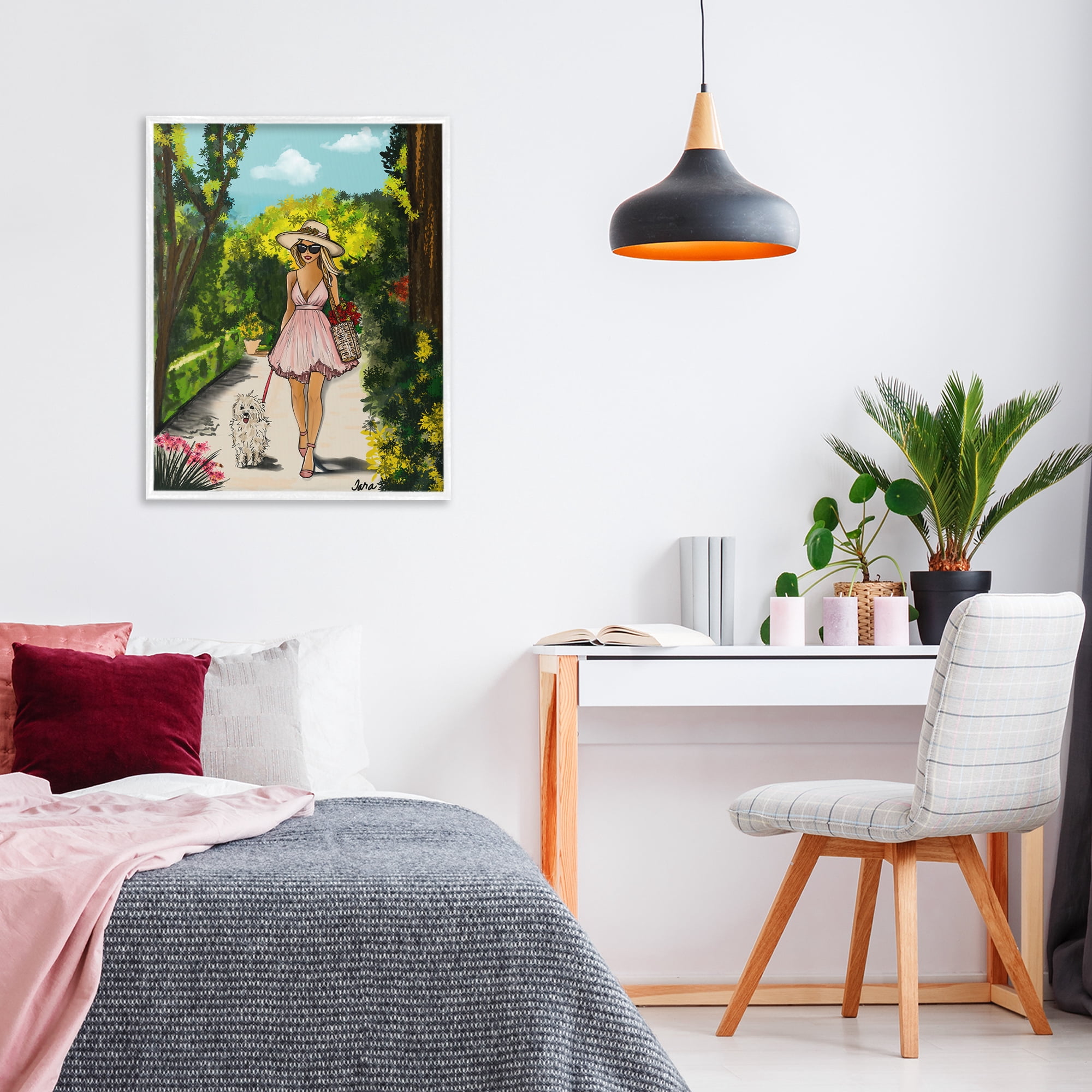 Stupell Industries Garden Girl Strolling with Pup White Framed Giclee Art, design by Tara Boone