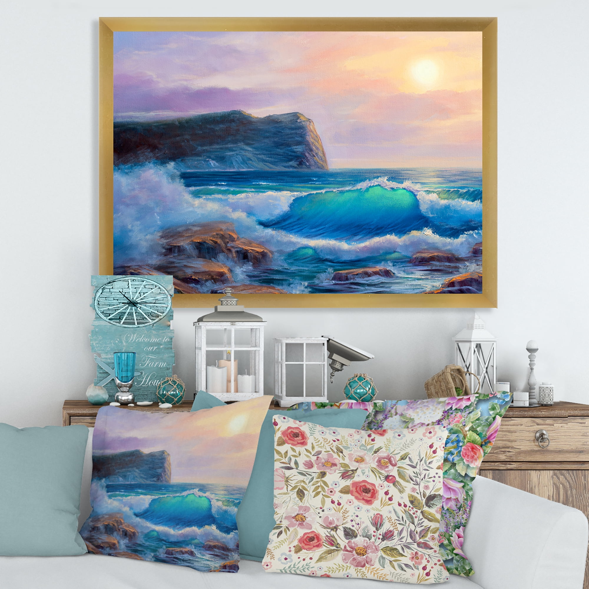 Designart 'Blue Waves Breaking At The Beach Landscape III' Nautical & Coastal Framed Art Print