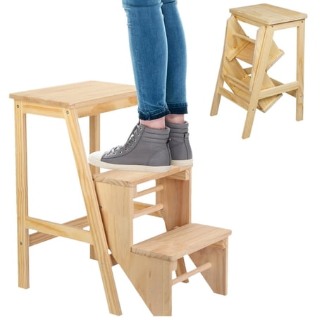 AIWFL 3 Tier Folding Step Stool, Portable Wood Step Ladder, 3-in-1 Storage Shelf Flower Rack Foot Stool for for Home, Kitchen, Library, Natural Finish