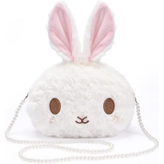 Kwuty kawaii bunny Crossbody bag,cartoon Plush Rabbit wallets,cute Handbag for women, Lovely Fluffy animal purse (pearl chain) white